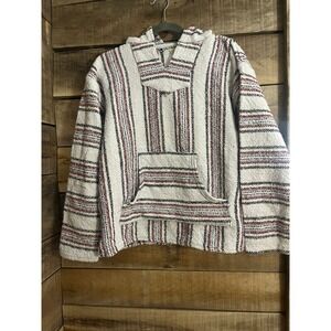 Vintage Mexican Baja Hoodie Striped Boho Surf Poncho Pullover White Red Black